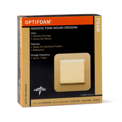 Medline Foam Dressing, Adhesive, Optifoam, 4x4 (2.5x2.5 Pad), 10 per box