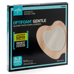 MEDMSC2399EP - Medline - Optifoam Gentle Silicone-Faced Foam Dressing with Liquitrap Super Absorbent Core in Educational Packaging, 9 x 9, Sacrum, 25 EA/CS