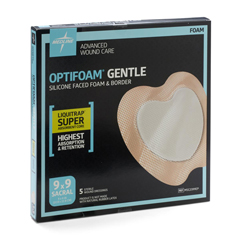 MEDMSC2399EPH - Medline - Optifoam Gentle Silicone-Faced Foam Dressing with Liquitrap Super Absorbent Core, 9 x 9, Sacrum, in Educational Packaging