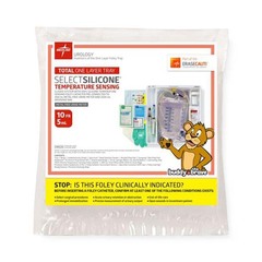 Medline Total 1-Layer Tray with 400 mL Urine Meter with 2,500 mL Drain Bag, 100% Temperature-Sensing Silicone Foley Catheter, 10 Fr, 5 mL, Peri Wipe