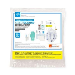 Medline 1-Layer Foley Catheter Tray, 100% Silicone, Urine Meter, 16 Fr, 10 mL, Coud&copy;
