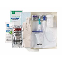Medline Intermittent Catheter Trays with Pre-Connected Drain Bag and Vinyl Catheter, Aloetouch Gloves, 14 Fr