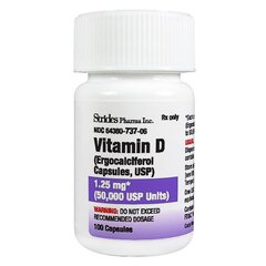 Strides Pharma Vitamin D Ergocalciferol (Vitamin D2) 50,000 Unit Softgel Capsule Bottle 100 Capsules, 100/BT