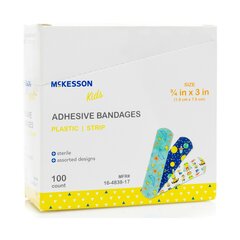 McKesson Adhesive Strip Kids 3/4 X 3 Inch Plastic Rectangle Kid Design (Assorted Print) Sterile, 100 EA/BX