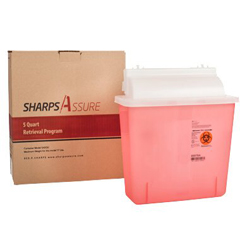 Sharps Assure Mailback Sharps Container Sharps Assure Translucent Red Base 12-1/4 L X 4-3/4 W X 10-1/2 H Inch Horizontal Entry 1.35 Gallon