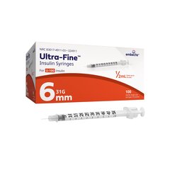 BD Insulin Syringe with Needle Ultra-Fine™ 1/2 mL 31 Gauge 15/64 Inch Attached Needle Without Safety, 100/PK