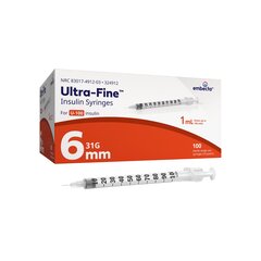 BD Insulin Syringe with Needle Ultra-Fine™ 1 mL 31 Gauge 15/64 Inch Attached Needle Without Safety, 100/PK