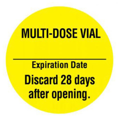 United Ad Label Pre-Printed Label UAL Auxiliary Label Yellow Paper Multi-Dose Vial Expiation Date Discard 28 Days after opening Black Syringe Label 1 Inch Diameter, 1 Roll
