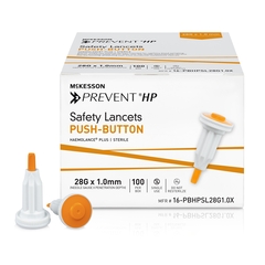 McKesson Safety Lancet Prevent&reg; HP 28 Gauge Retractable Push Button Activation Finger, 100/BX