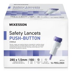 McKesson Safety Lancet 28 Gauge Retractable Push Button Activation Finger, 100/BX