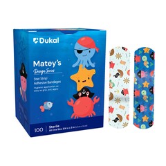 Dukal Adhesive Strip Designer Series with Stat Strip&reg; Technology 3/4 X 3 Inch Plastic Rectangle Kid Design (Matey's) Sterile, 100/BX