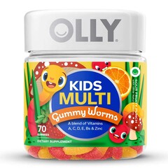 OLLY Dietary Supplement OLLY Kids Multi Gummy Worms Vitamin A / B6 / B12 / C / D / E / Zinc 150 mcg - 0.5 mg - 1.2 mcg - 15 mg - 10 mcg - 3.75 mg - 0.75 mg Strength Gummy 70 per Bottle Sour Fruity Punch Flavor