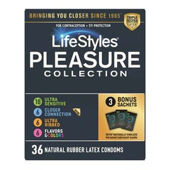 Sxwell USA Condom Variety Pack Lifestyles Pleasure Collection Lubricated One Size Fits Most 36 Per Box