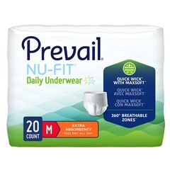 First Quality Unisex Adult Absorbent Underwear Prevail&reg; Nu-Fit&reg; Pull On with Tear Away Seams Medium Disposable Heavy Absorbency, 20/PK
