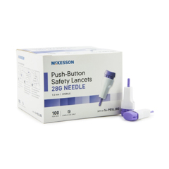 MON840311BX - McKesson - Lancet Push-Button Safety Needle 1.5 mm 28 Gauge Spring-Loaded Push Button, 100/BX