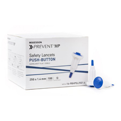 MON1016299CS - McKesson - Safety Lancet McKesson Prevent® Fixed Depth Lancet Needle 1.4 mm Depth 25 Gauge Push Button, 100/BX, 20BX/CS