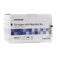 MON1031807BX - McKesson - Syringe with Hypodermic Needle 3 mL 20 Gauge 1 Inch Detachable Needle Without Safety, 100/BX