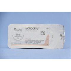 J & J Healthcare Systems Absorbable Suture with Needle Monocryl™ Poliglecaprone CP-1 1/2 Circle Reverse Cutting Needle Size 0 Monofilament, 36/BX