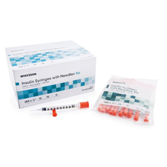 MON942669CS - McKesson - Insulin Syringe with Needle  1 mL 28 Gauge 1/2 Attached Needle Without Safety, 100 EA/BX, 5BX/CS