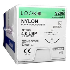 Surgical Specialties Suture with Needle LOOK&reg; Nonabsorbable Uncoated Black Suture Monofilament Nylon Size 4-0 18 Inch Suture 1-Needle 24 mm Length 3/8 Circle Reverse Cutting Needle, 12/BX
