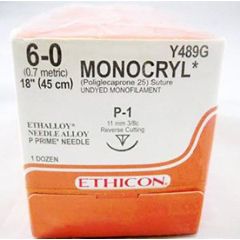 J & J Healthcare Systems Absorbable Suture with Needle Monocryl™ Poliglecaprone P-1 3/8 Circle Precision Reverse Cutting Needle Size 6 - 0 Monofilament