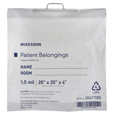 MON447757EA - McKesson - Patient Belongings Bag, 4 X 20 X 20, Polyethylene, Snap Closure, White, 1.5 Mil