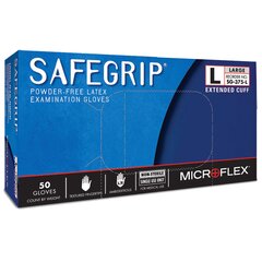 Ansell Exam Glove SafeGrip Large NonSterile Latex Extended Cuff Length Textured Fingertips Blue Not Chemo Approved, 50 EA/BX