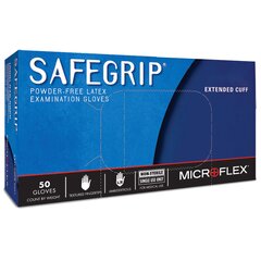 Ansell Exam Glove SafeGrip Medium NonSterile Latex Extended Cuff Length Textured Fingertips Blue Not Chemo Approved, 50 EA/BX