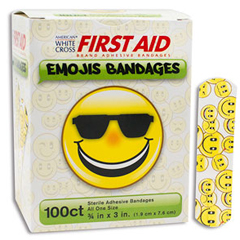 MON1052945BX - Dukal - Adhesive Strip American® White Cross First Aid 3/4 x 3 Plastic Rectangle Kid Design (Emojis) Sterile, 100/BX