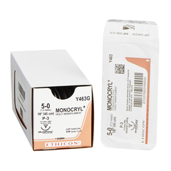 J & J Healthcare Systems Absorbable Suture with Needle Monocryl™ Poliglecaprone P-3 3/8 Circle Precision Reverse Cutting Needle Size 5 - 0 Monofilament