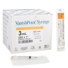 Retractable Technologies Syringe with Hypodermic Needle VanishPoint&reg; 3 mL 25 Gauge 1 Inch Attached Needle Retractable Needle, 100 EA/BX