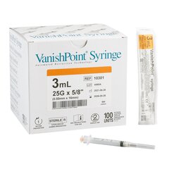 Retractable Technologies Syringe with Hypodermic Needle VanishPoint&reg; 3 mL 25 Gauge 5/8 Inch Attached Needle Retractable Needle, 100 EA/BX