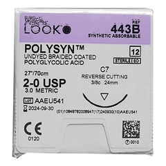 Surgical Specialties Suture with Needle PolySyn™ Absorbable Coated Undyed Suture Braided Polyglycolic Acid Suture Size 2-0 27 Inch Suture 1-Needle 24 mm Length 3/8 Circle Reverse Cutting Needle, 12/BX