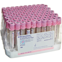 BD Vacutainer Venous Blood Collection Tube Whole Blood K2 EDTA 13mm x 100 mm 6 mL Pink BD Hemogard Closure Plastic Tube, 1000 EA/CS