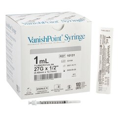 Retractable Technologies Tuberculin Syringe with Needle VanishPoint&reg; 1 mL 27 Gauge 1/2 Inch Attached Needle Retractable Needle, 100 EA/BX