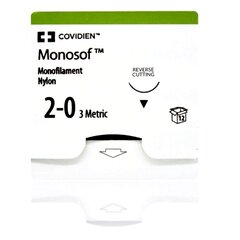 Covidien Nonabsorbable Suture with Needle Monosof~Dermalon Nylon C-15 3/8 Circle Reverse Cutting Needle Size 2 - 0 Monofilament, 12 per Box