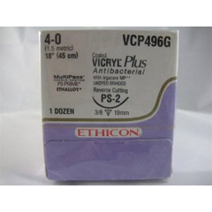 J & J Healthcare Systems Absorbable Antibacterial Suture with Needle Coated Vicryl™ Plus Polyglactin 910 with Irgacare MP Antibacterial Suture PS-2 3/8 Circle Precision Reverse Cutting Needle Size 4 - 0 Braided