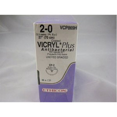 J & J Healthcare Systems Absorbable Antibacterial Suture with Needle Coated Vicryl™ Plus Polyglactin 910 CP-2 1/2 Circle Reverse Cutting Needle Size 2-0 Braided, 36/BX