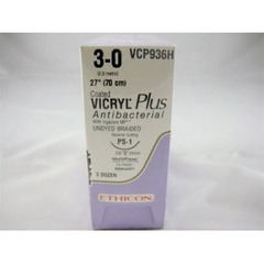 J & J Healthcare Systems Absorbable Antibacterial Suture with Needle Coated Vicryl™ Plus Polyglactin 910 PS-1 3/8 Circle Reverse Cutting Needle Size 3-0 Braided, 36/BX