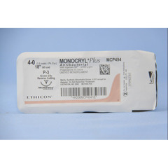 J & J Healthcare Systems Absorbable Antibacterial Suture with Needle Monocryl Plus Poliglecaprone 25 with Irgacare MP Antibacterial Suture P-3 3/8 Circle Precision Reverse Cutting Needle Size 4 - 0, 1 Box