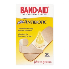 Johnson & Johnson Adhesive Strip Band-Aid&reg; Plus Antibiotic Plastic Assorted Colors Sizes Tan Sterile, 20/BX