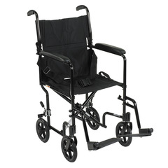 Drive Medical Lightweight Transport Chair Aluminum Frame with Black Finish 300 lbs. Weight Capacity Fixed Height / Padded Arm Black Upholstery, 1/EA