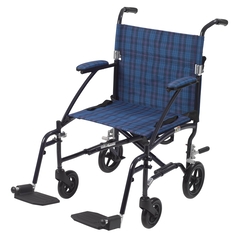 Drive Medical Transport Wheelchair Fly-Lite Aluminum Frame with Blue Finish 300 lbs. Weight Capacity Full Length / Fixed Height / Padded Arm Blue Plaid Upholstery, 1/EA