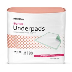McKesson Super Underpad 30 X 36 Inch Disposable Fluff / Polymer Moderate Absorbency. 10 per Bag
