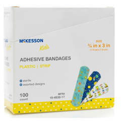 MON1110980CS - McKesson - Adhesive Strip Kids 3/4 X 3 Inch Plastic Rectangle Kid Design (Assorted Print) Sterile, 100 EA/BX, 24BX/CS