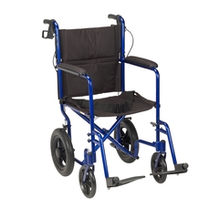 Drive Medical Transport Wheelchair Expedition Aluminum Frame with Blue Finish 300 lbs. Weight Capacity Full Length / Fixed Height / Padded Arm Black Upholstery, 1/EA