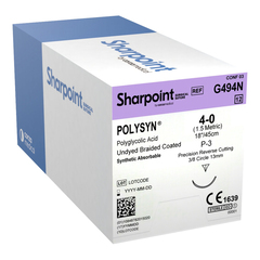 Surgical Specialties Absorbable Suture with Needle PolySyn™ Polyglycolic Acid DSM13 3/8 Circle Precision Reverse Cutting Needle Size 4 - 0 Braided