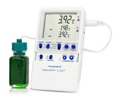 Cole-Parmer Refrigerator / Freezer Temperature Data Logger with Alarm Traceable Memory-Loc Fahrenheit / Celsius -58&deg; to +158&deg;F (-50&deg; to +70&deg;C) Glycol Bottle Probe Multiple Mounting Options Battery Operated