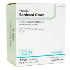 MON946442EA - Dermarite - Adhesive Dressing DermaRite Bordered Gauze 3-3/5 x 4" Gauze Square White Sterile, 1/EA