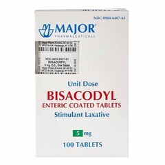 Major Pharmaceuticals Laxative Major Tablet 100 per Bottle 5 mg Strength Bisacodyl USP, 100 per Box